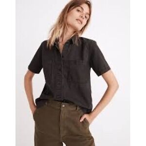 Madewell Black Lunar Washed Denim Button Up Shirt Women XS Rolled Sleeve Cropped